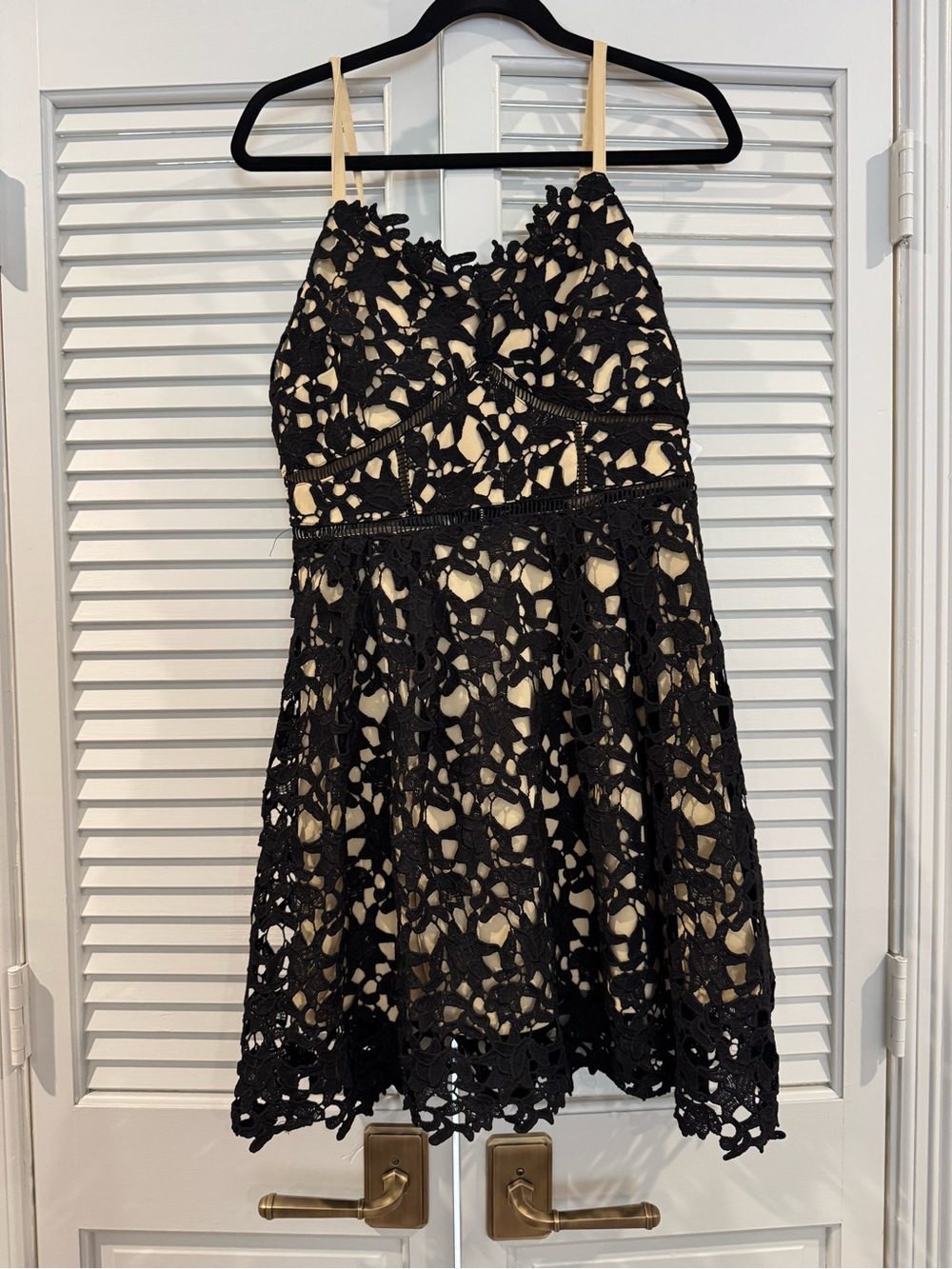 The Impeccable Pig Black Crochet Mini Dress with Cream Lining